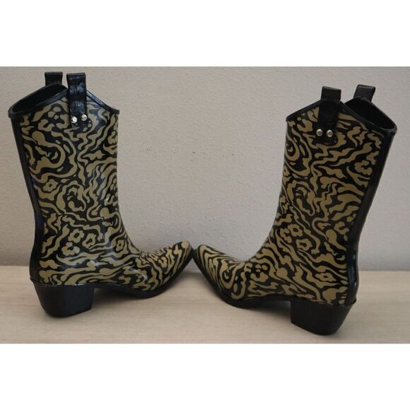 Nomad Women's Sz 6 Black/Tan Animal Print Yippy Pointy Toe Rubber Rain Boots - Picture 6 of 8